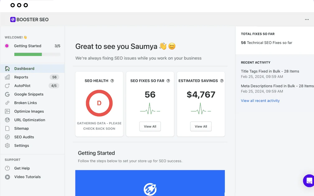 Booster SEO dashboard before the audit: a custom sidebar menu, a letter-grade score ring and a large video banner