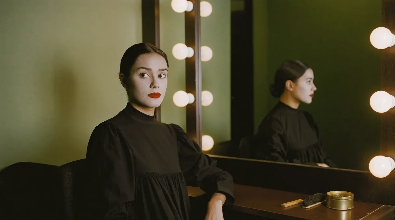 A woman in a black blouse sits at a dressing-room mirror ringed with bulbs, her reflection turned in profile