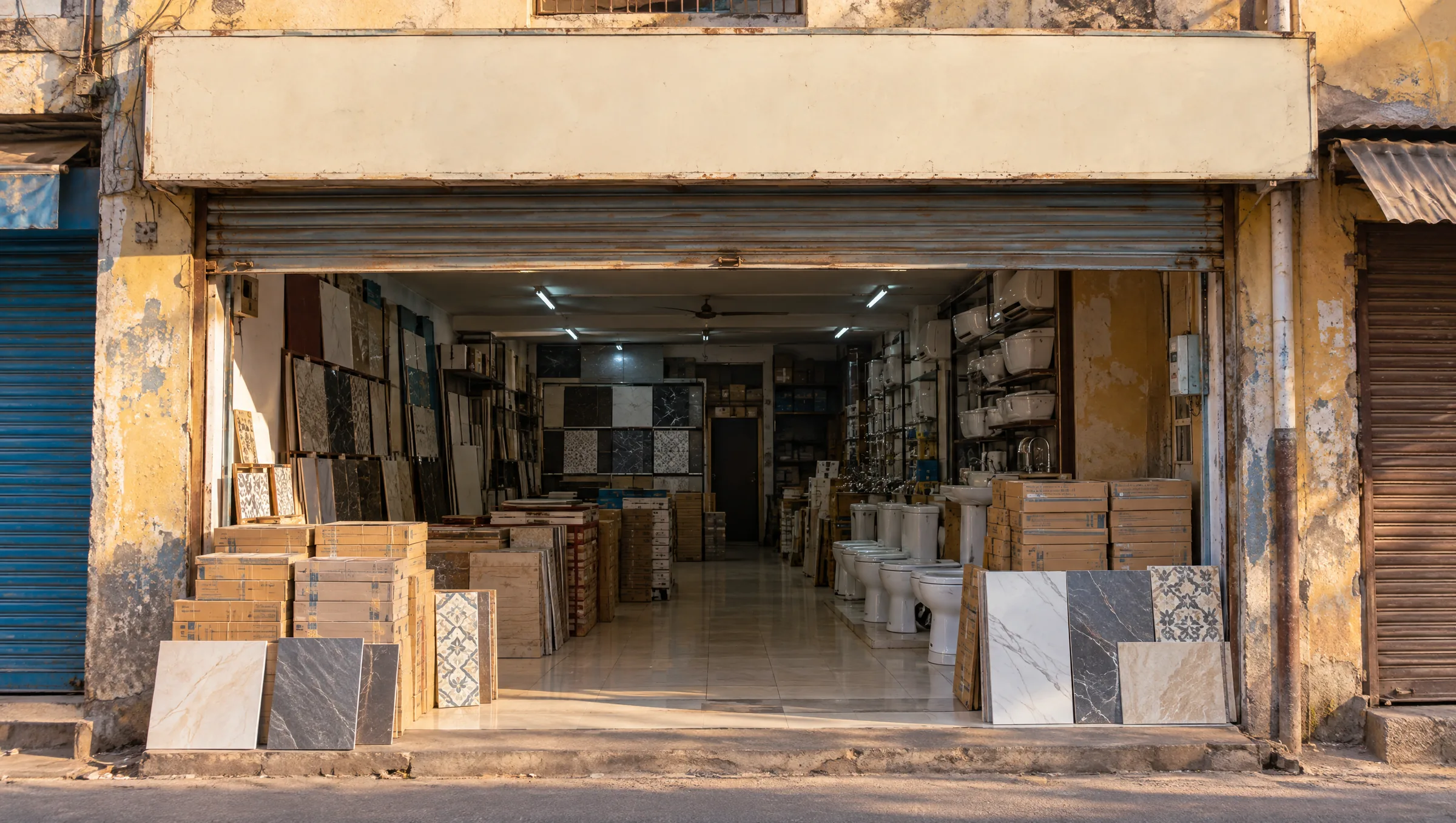 The old Aman Trading Company shopfront: a long signboard above a roll-up shutter, with tiles and bathroom fittings stacked inside and out.