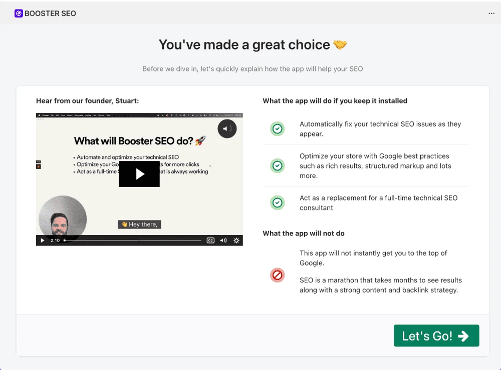 The old first screen: a founder video and two lists of what the app will and will not do