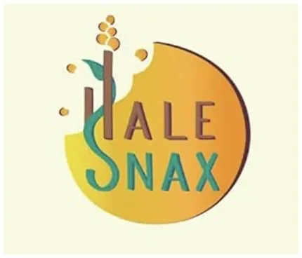 The previous logo: a yellow-orange circle with a bite out of it, the name stacked as HALE in brown and SNAX in teal, with a green sprig climbing the H