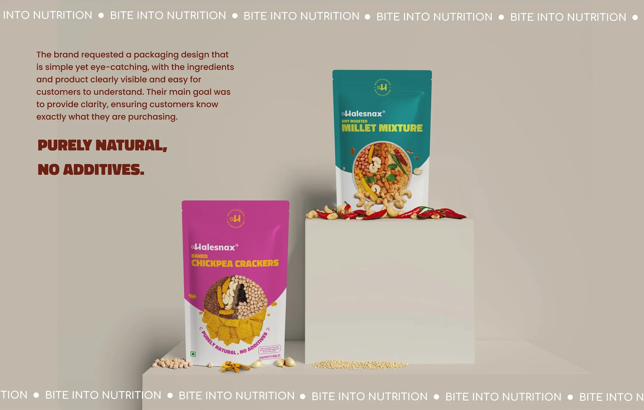 The pink chickpea crackers pouch in front of a pale block with the teal millet mixture pouch on top, beside the packaging brief and the Bite into nutrition line