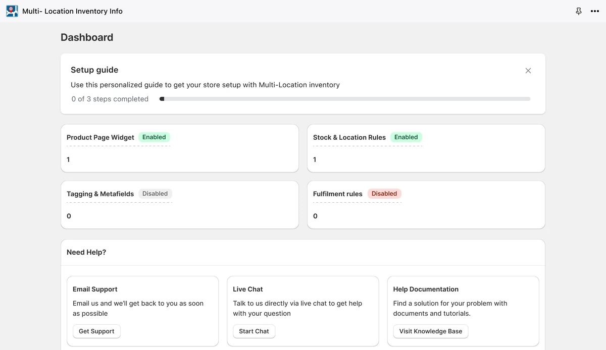 The redesigned Multi Location dashboard: the setup guide, each feature's status and count, and help