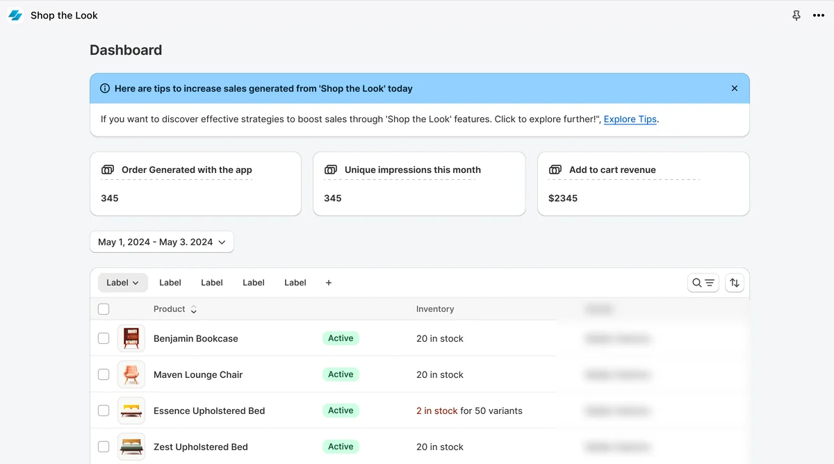 The redesign: the dashboard with three numbers, a date range and a table, inside Shopify's own navigation