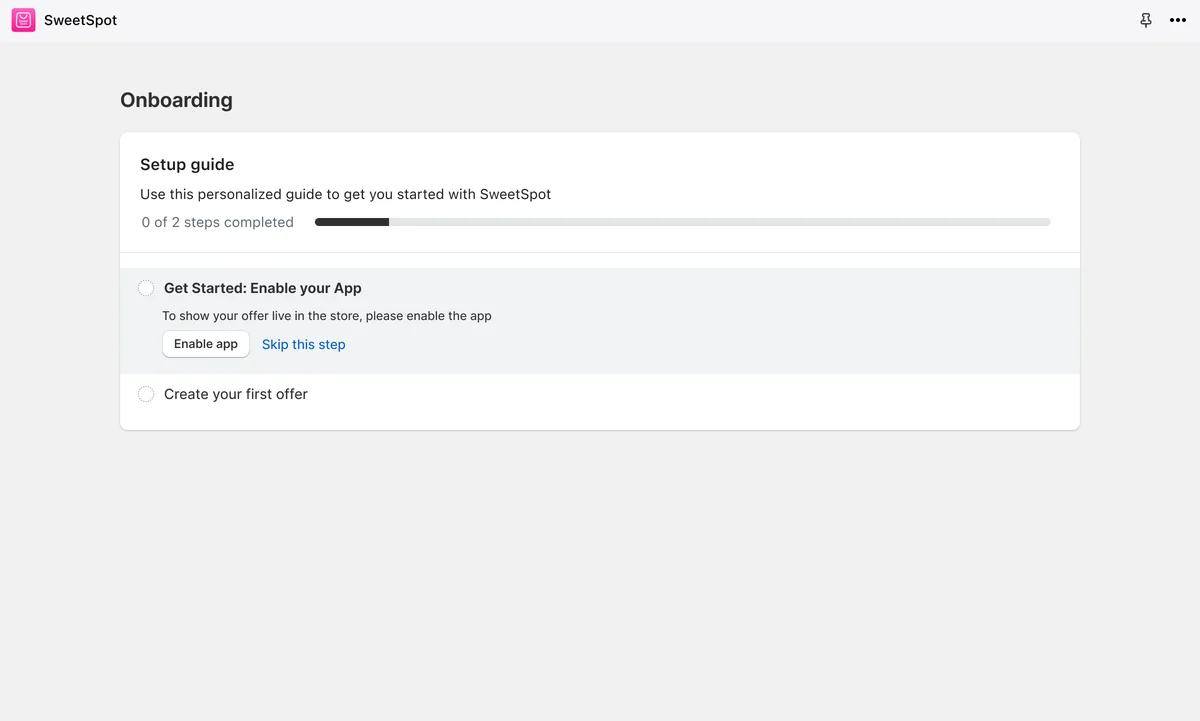 The redesign: a setup guide with a progress bar, starting with Get Started: Enable your App