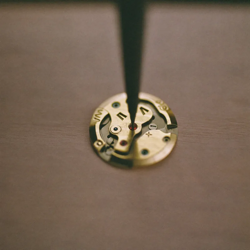 Jewel setting: a jewel set into a movement under a needle
