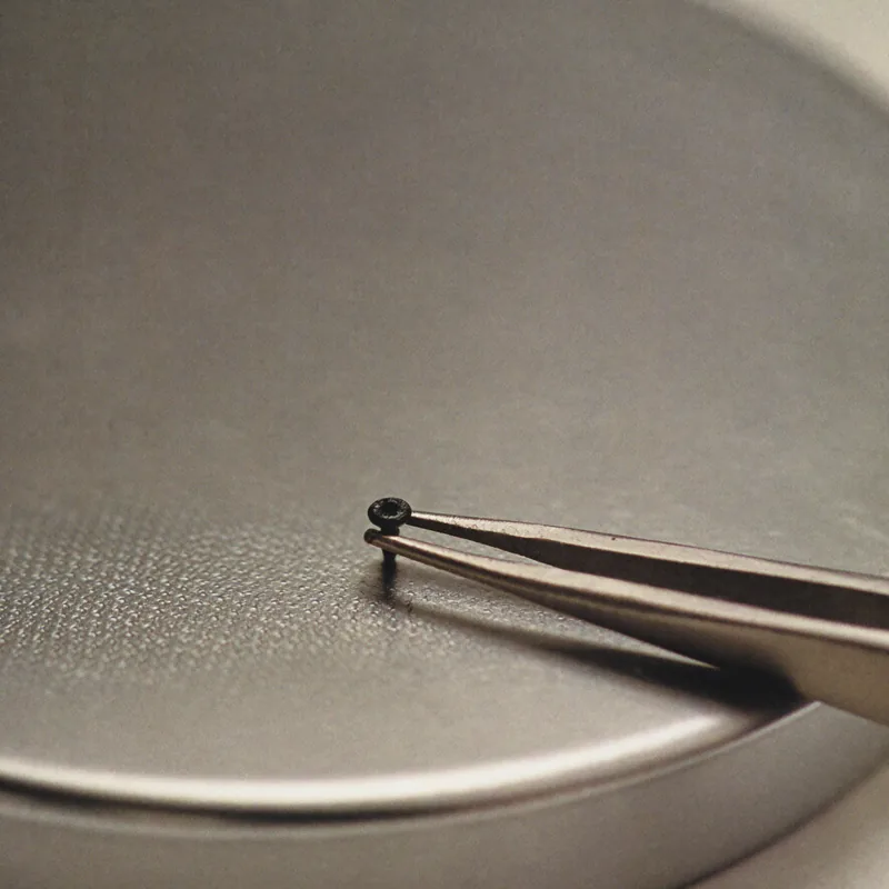 Black polishing: tweezers holding a screw above a polishing plate