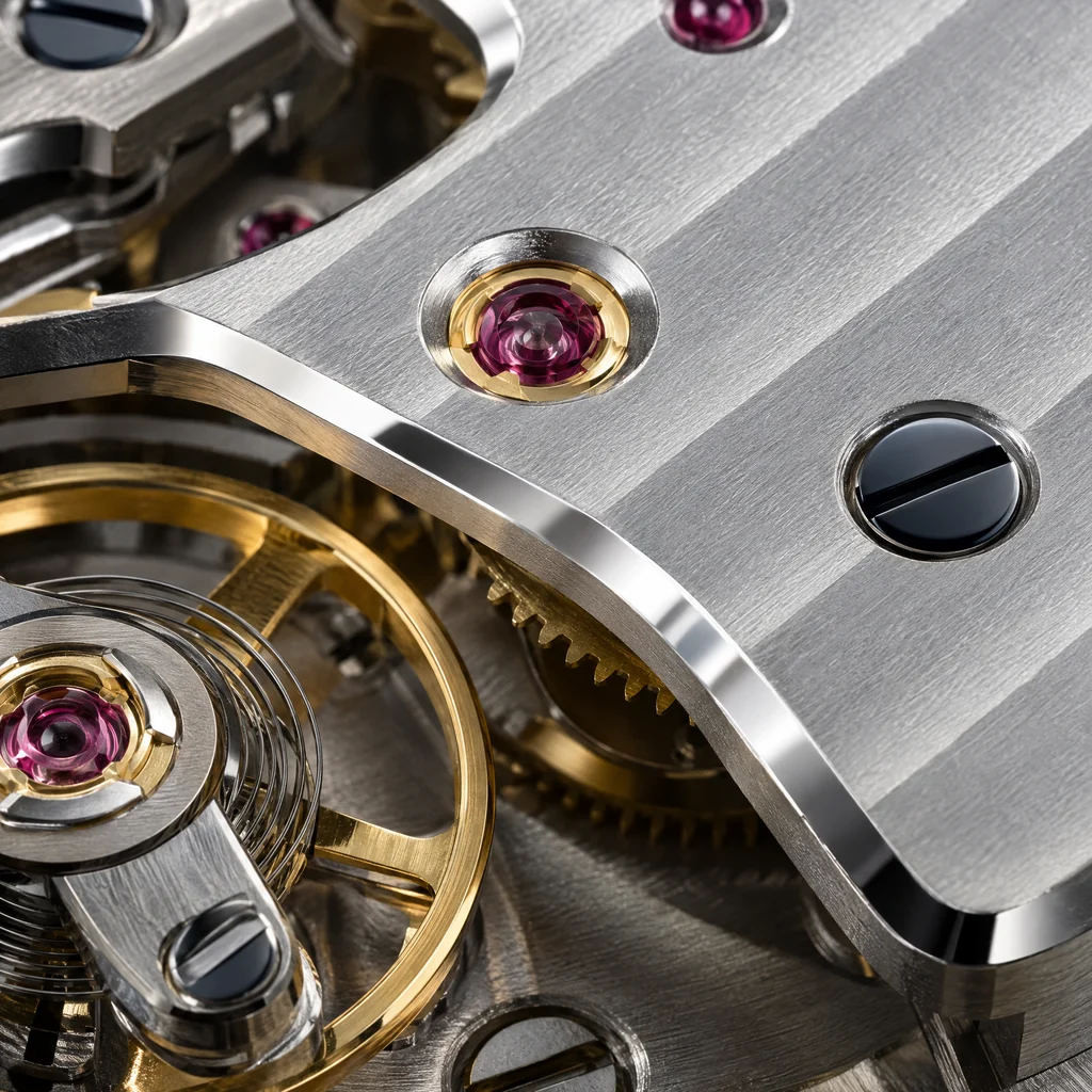 The Quai 38's movement through the sapphire caseback: a hand-bevelled bridge with three rubies in gold settings, a blued screw and the balance wheel