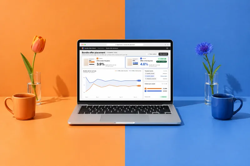 An A/B test readout on a laptop, in front of a backdrop split into orange and blue