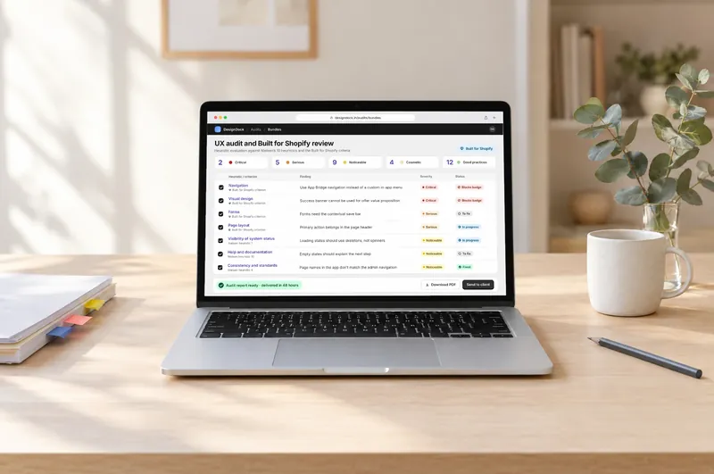 A Built for Shopify audit report open on a laptop in a sunny studio