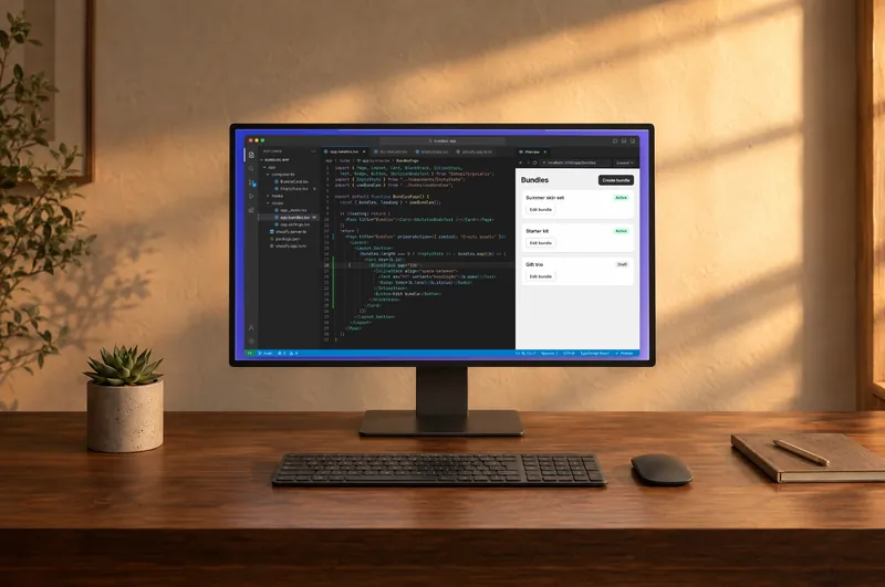 React and Polaris code beside its live preview on a monitor at golden hour