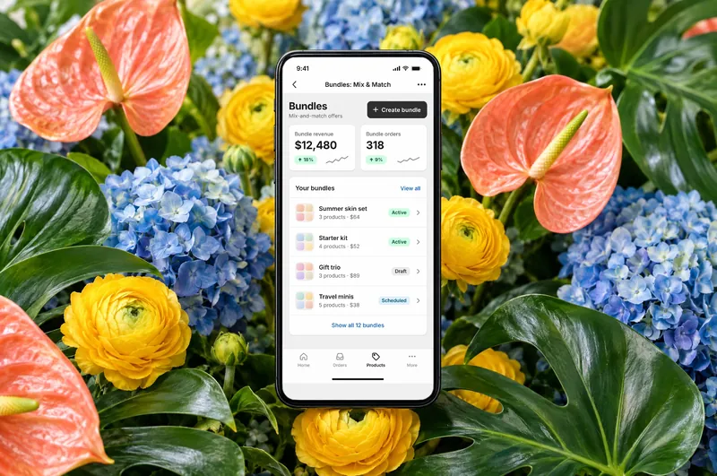 A Polaris-style Shopify admin app screen on a phone, in front of flowers