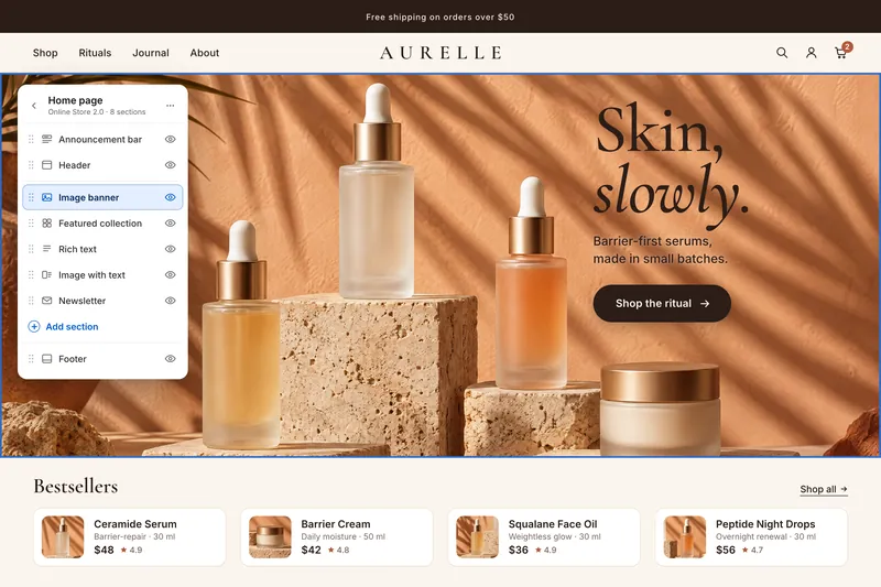 A skincare storefront homepage with the theme editor’s section list open