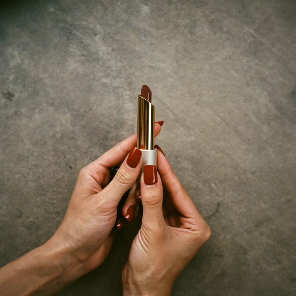 Hands turning a lipstick up out of its case